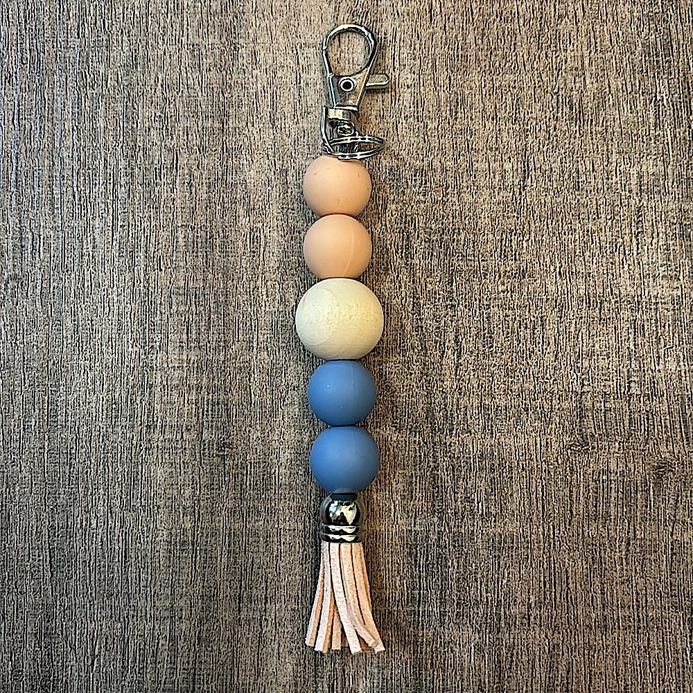 Handmade Silicone Beaded Keychain w/ Tassel & Lobster Claw Luggage Tag blue &tan